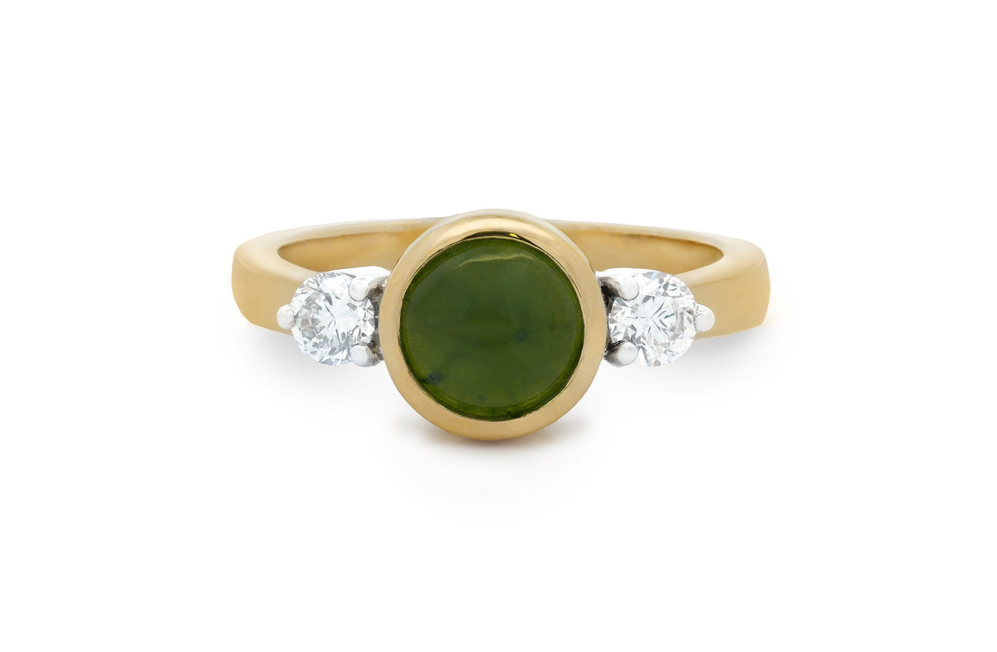 Riversong: Pounamu and Diamond Three Stone Ring in Yellow Gold