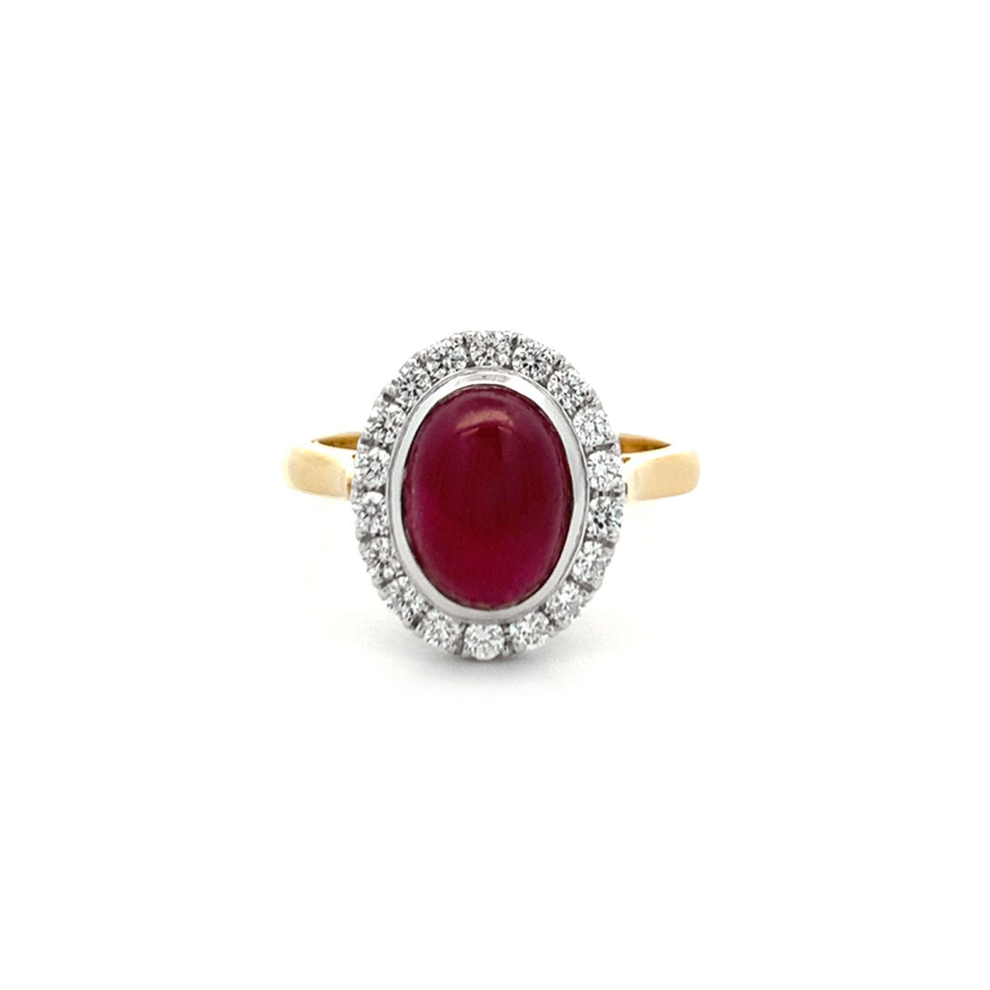 Cabochon Cut Ruby and Diamond Halo Ring in Yellow Gold | 3.75ct