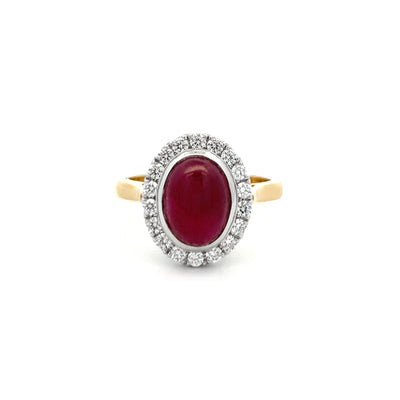 Cabochon Cut Ruby and Diamond Halo Ring in Yellow Gold | 3.75ct