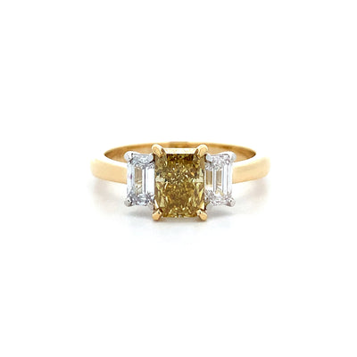 Harmony: Radiant Cut Cognac Diamond Three Stone Ring in Yellow Gold and Platinum 