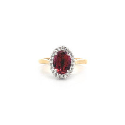 Cherry Ripe: Pink Tourmaline and Diamond Halo Ring in Yellow Gold | 0.86ct