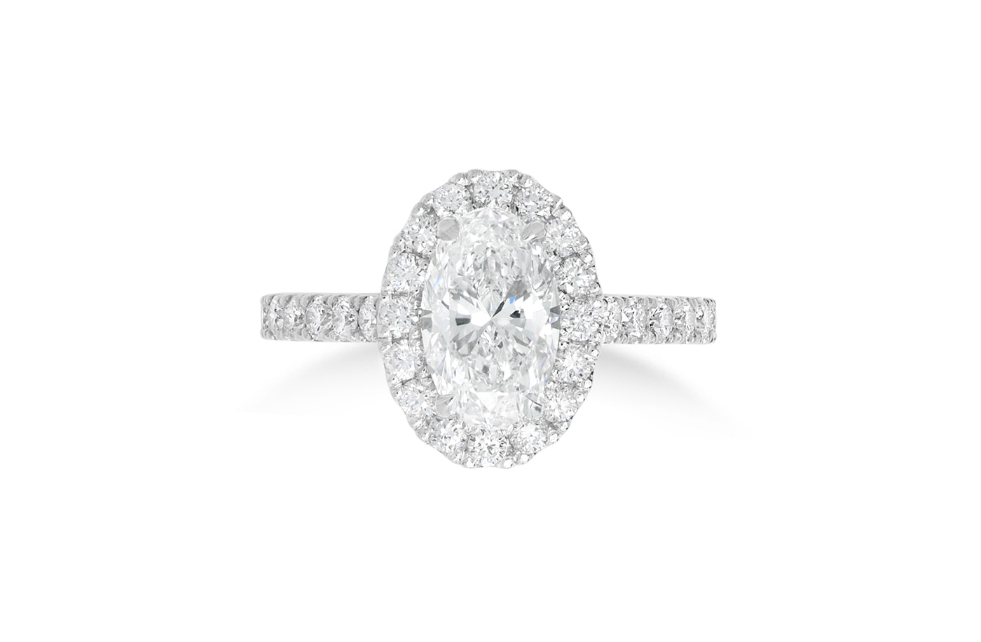 Adorn: Oval Cut Diamond Halo Ring with Diamond Set Band in White Gold or Platinum