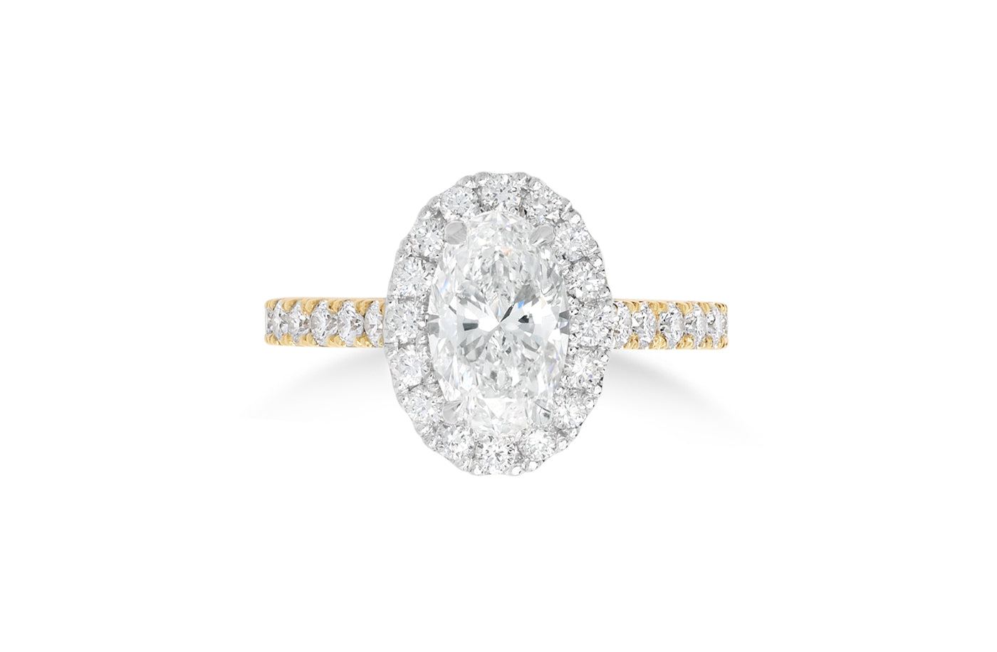 Adorn: Oval Cut Diamond Halo Ring with Diamond Set Band in Rose Gold and Platinum