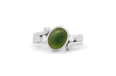 Arahura: Pounamu and Diamond Three Stone Ring in Platinum