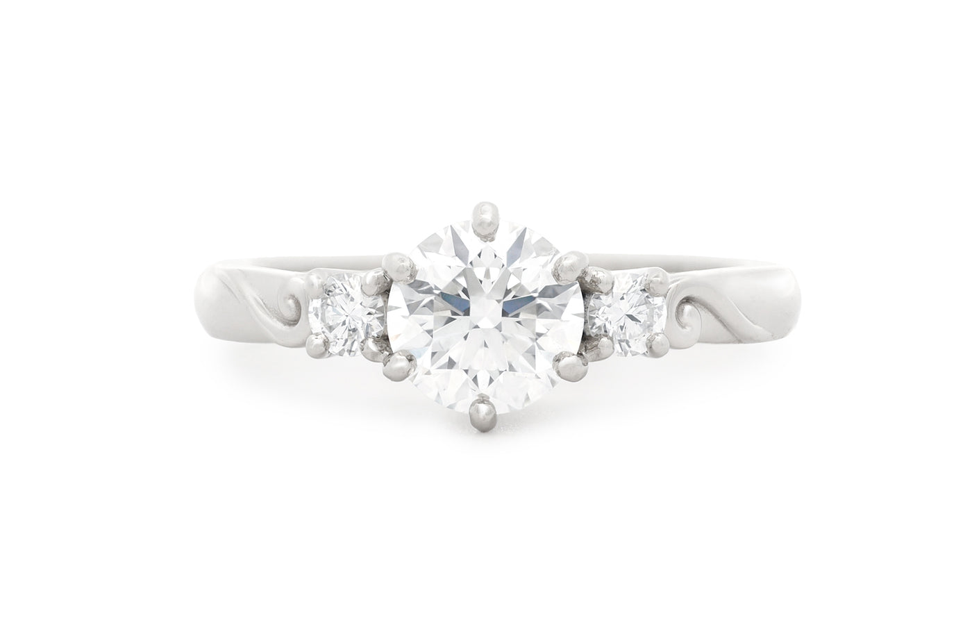 Awa: Brilliant Cut Diamond Three Stone Ring in White Gold or Platinum