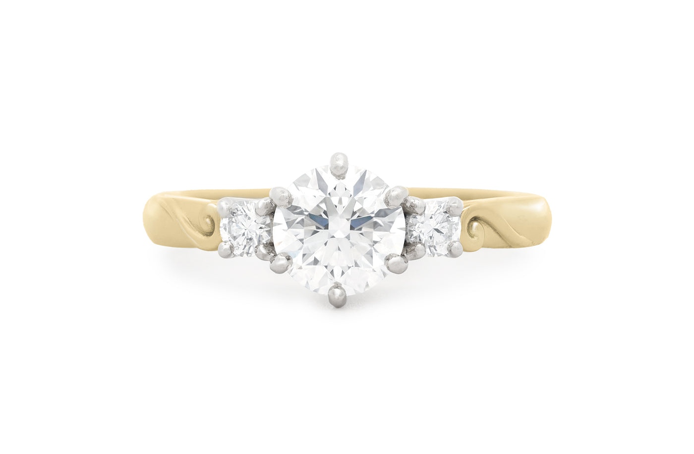 Awa: Brilliant Cut Diamond Three Stone Ring in Yellow Gold and Platinum