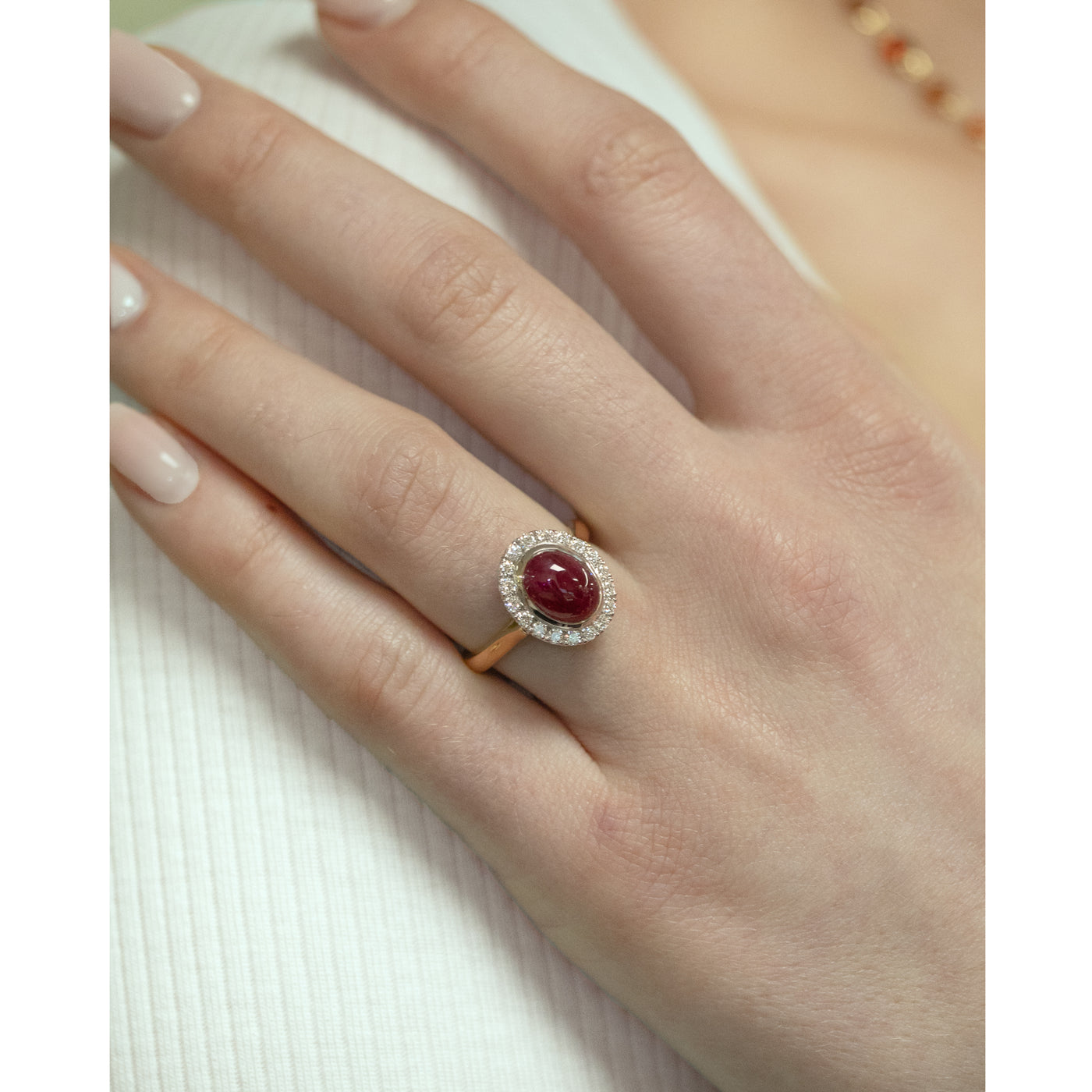 Cabochon Cut Ruby and Diamond Halo Ring in Yellow Gold | 3.75ct