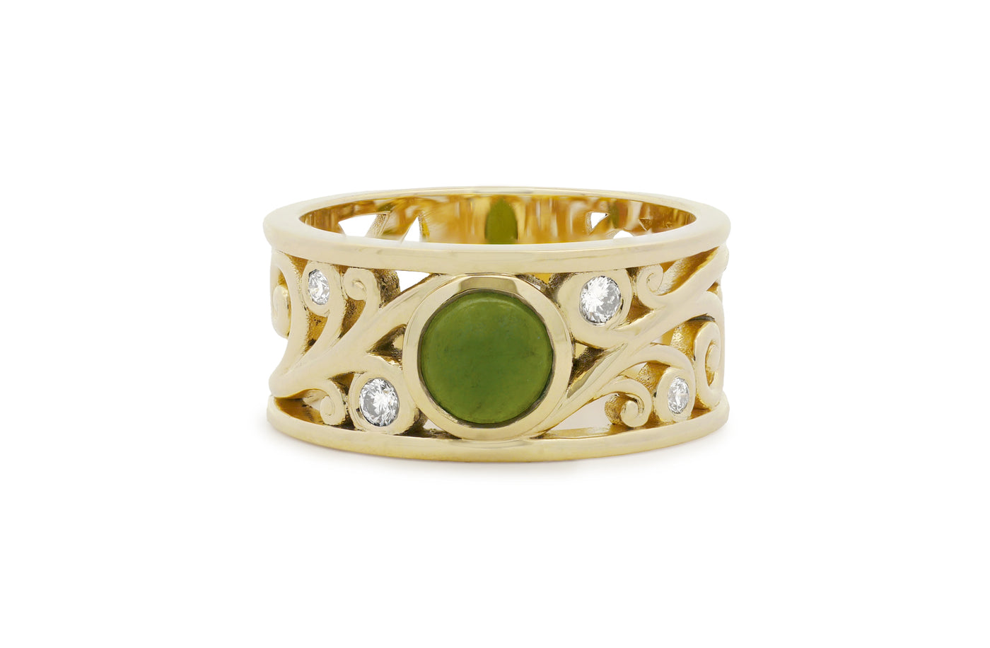 Fern: Pounamu and Diamond Set Ring in Yellow Gold