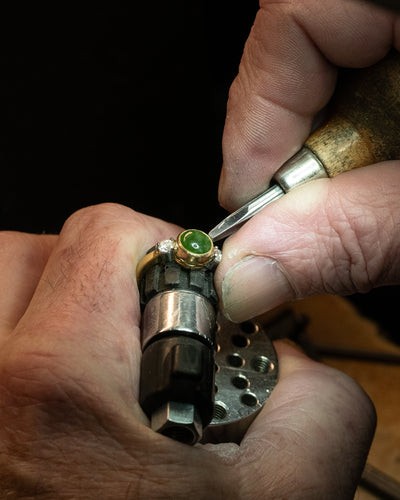 Riversong: Pounamu and Diamond Three Stone Ring in Yellow Gold