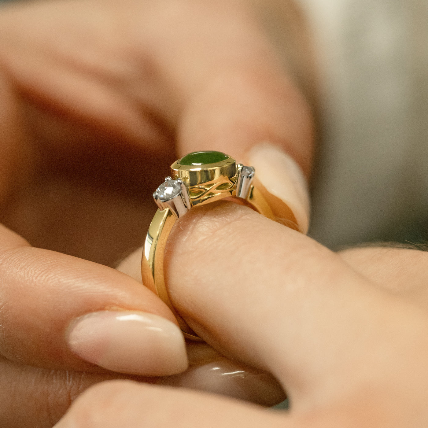 Riversong: Pounamu and Diamond Three Stone Ring in Yellow Gold