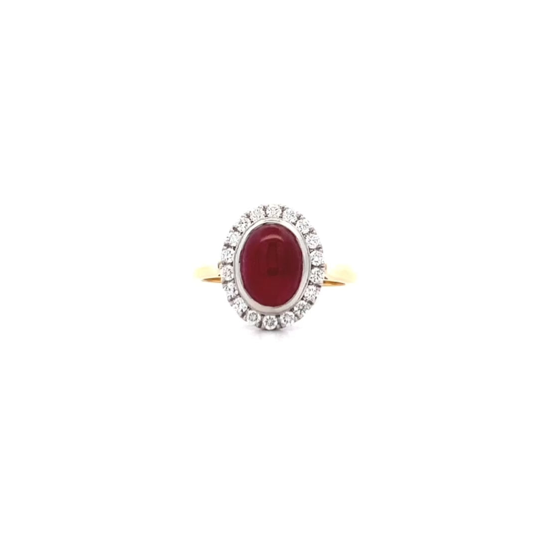 Cabochon Cut Ruby and Diamond Halo Ring in Yellow Gold | 3.75ct