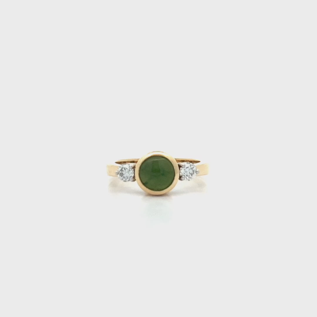 Riversong: Pounamu and Diamond Three Stone Ring in Yellow Gold