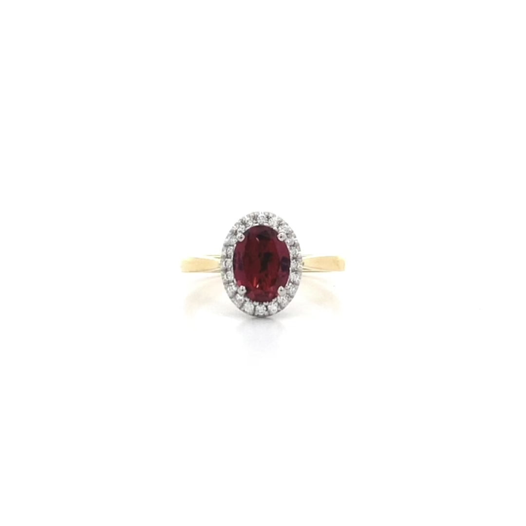 Cherry Ripe: Pink Tourmaline and Diamond Halo Ring in Yellow Gold | 0.86ct