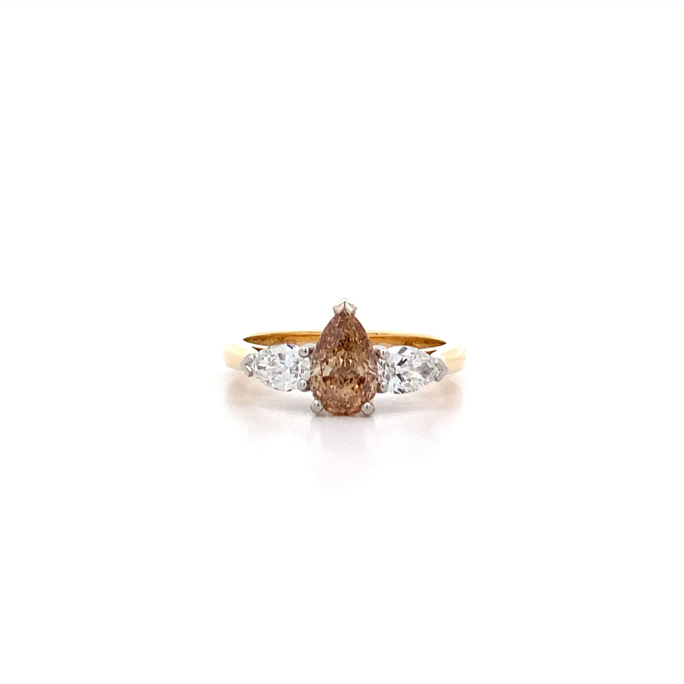 Pear Cut Cognac Diamond Three Stone Ring in Yellow Gold