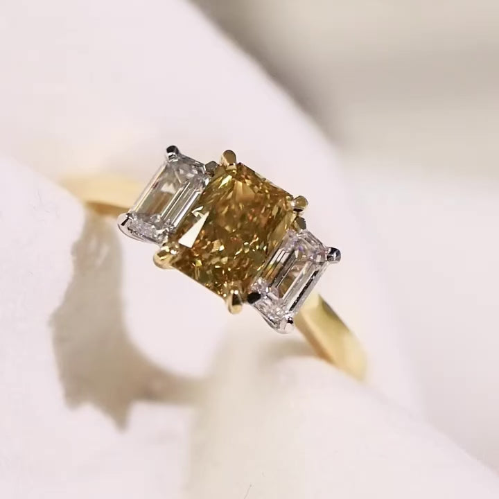 Harmony: Radiant Cut Cognac Diamond Three Stone Ring in Yellow Gold