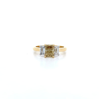 Harmony: Radiant Cut Cognac Diamond Three Stone Ring in Yellow Gold and Platinum 