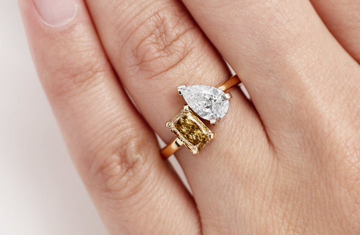 Caline Cognac Radiant Diamond and Pear Cut Diamond Ring The Village Goldsmith
